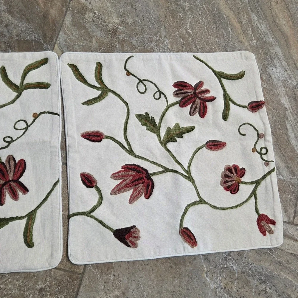 Floral Crewel‎ Embroidered Throw Pillow Covers Set of 2 Cream Burgundy 17.5x17.5